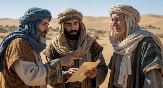 Three wise men looking at a scroll in the desert. Biblical magi navigating their journey with a map. Ancient historical religion concept