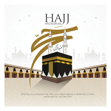 Hajj Mubarak and Eid ul Adha Mubarak khana kaba illustration.  Background. Translation: Hajj Mubarak with Arabic Calligraphy on Kaaba are verses from the holy Quran. 