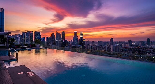 Luxury modern condominium rooftop pool with stunning urban cityscape and highrise building architecture at vibrant sunset, offering an ideal residential travel lifestyle experience
