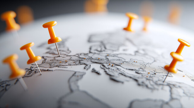 Push pins placed on a map of Europe representing regional planning, travel routes, and geographic strategy.
