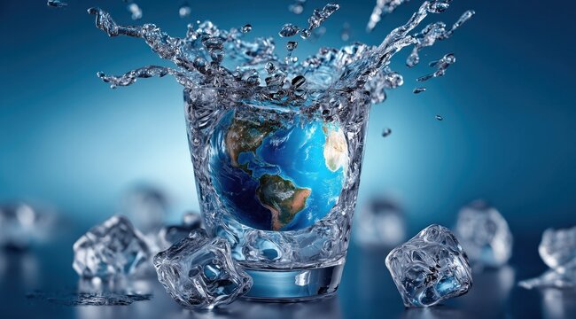 Un verre d'eau contenant la plan&egrave;te Terre avec &eacute;claboussures d'eau et projection de gla&ccedil;ons sur fond bleu, concept de sensibilisation sur le gaspillage des ressources ou le r&eacute;chauffement climatique.