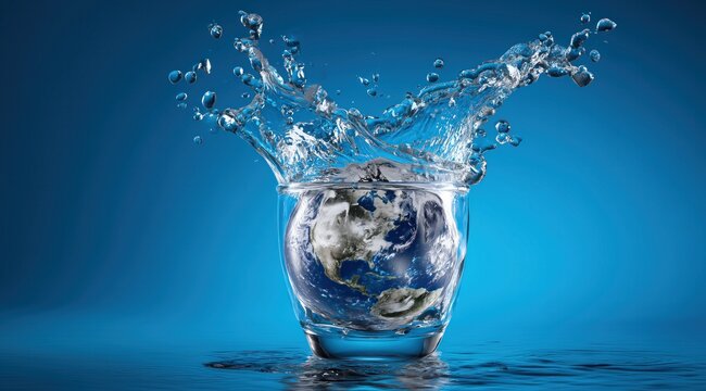 Un verre contenant la plan&egrave;te Terre avec &eacute;claboussures d'eau sur fond bleu, concept de sensibilisation sur le gaspillage de l'eau naturelle, image avec espace pour texte.