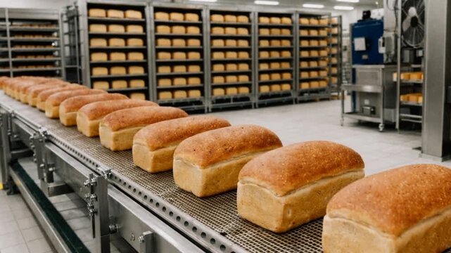 Fresh, just-baked loafs of bread on a production line.

