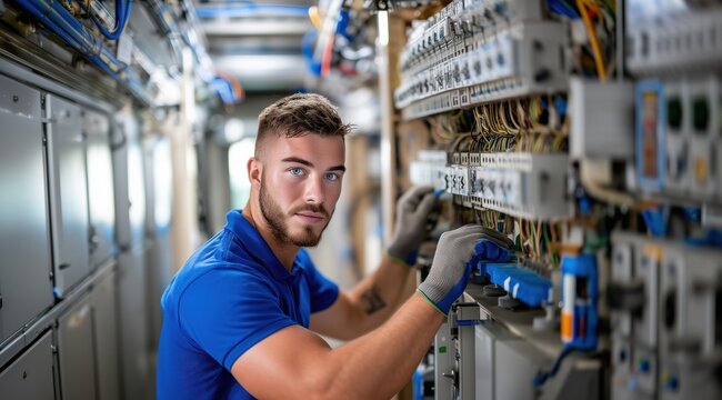 Un &eacute;lectricien en chemise bleue et portant des gants de protection, aux cheveux courts, travaillant sur le tableau &eacute;lectrique d'un immeuble moderne, plan large.