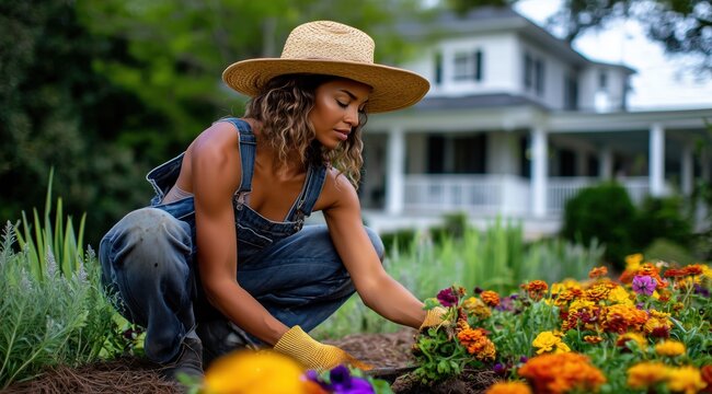 Une femme m&eacute;tisse s&eacute;duisante en salopette et chapeau de paille, jardinant en s'occupant d'un parterre de fleurs color&eacute;es, maison d'habitation floue en arri&egrave;re-plan.