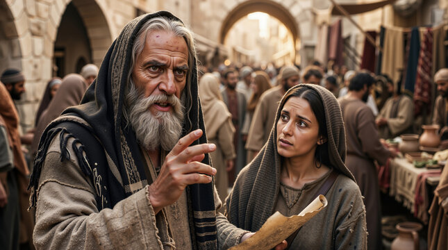 Elderly prophet speaking to a woman in an ancient marketplace. Biblical scene of a man preaching with a scroll in a crowded city street. Religious history and storytelling concept