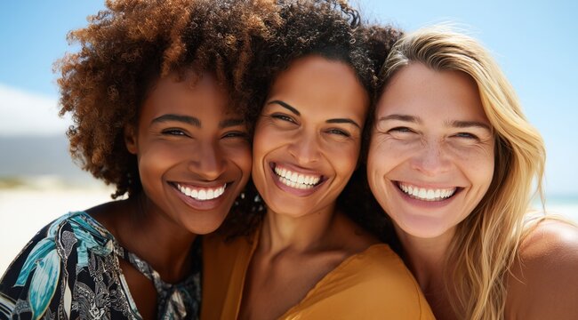 Des amies femmes d'origines ethniques diff&eacute;rentes riant et s'enla&ccedil;ant sur une plage pendant leurs vacances. Portrait en gros plan.	