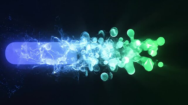 Glowing blue and green particles exploding from a capsule on a dark background