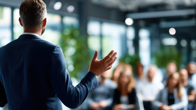 Un intervenant, dans une journ&eacute;e de formation en entreprise, vue de dos, la main lev&eacute;e, avec personnes floues en arri&egrave;re-plan.