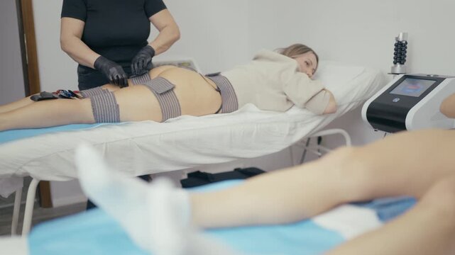 Woman receiving electro stimulation body treatment in a beauty salon. A professional beautician is applying the electrodes.
