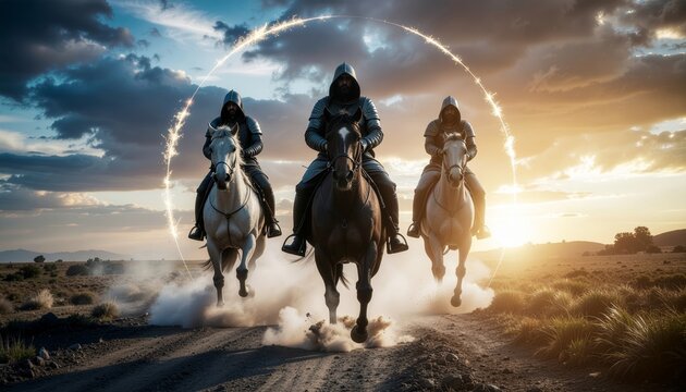 Enigmatic horsemen ride across the twilight terrain, embarking on a mysterious quest into uncharted territories