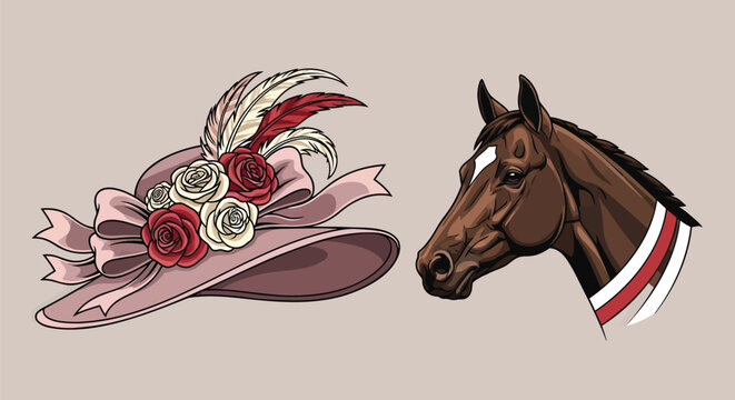 Vintage Kentucky Derby horse racing vector set, elegant woman's fascinator hat with roses and feathers, brown thoroughbred horse head illustration