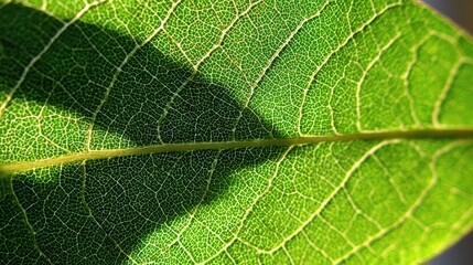 Fototapeta premium Intense sunlight highlights the intricate vein structure on a vibrant green leaf surface