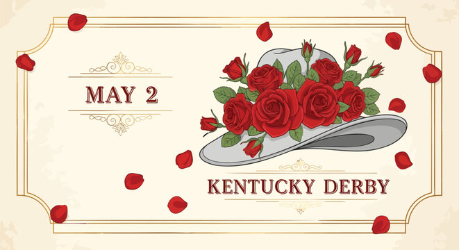 Vintage Kentucky Derby horse racing invitation, elegant wide brim hat with red roses, May 2 event banner with floral petals and classic typography