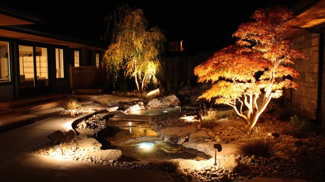 Outdoor landscape illumination highlights a serene garden water feature and specimen trees after dark