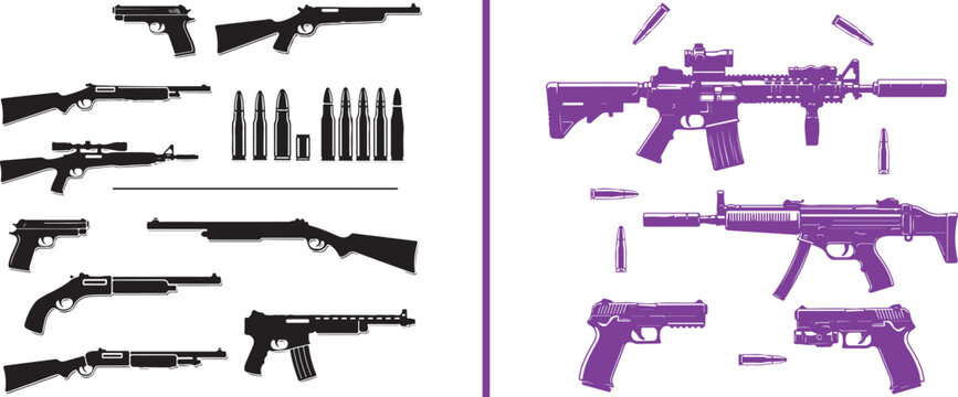 Collection of firearm silhouettes and detailed weapon illustrations isolated on white background