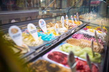 Fototapeta premium Ice cream display case, store counter, lots of sweets