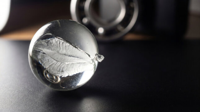 Conchoidal Fracture Through Clear Glass Marble &ndash; Shattered Sphere Macro &ndash; Brittle Failure Surface &ndash; Low-Angle Raking Light