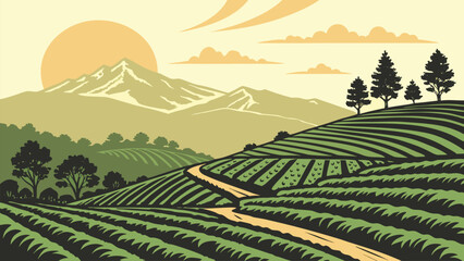 Bright sunrise over farmland with layered hills and trees. Minimalist vector style ideal for agriculture, eco design, and scenic backgrounds. © Tamar