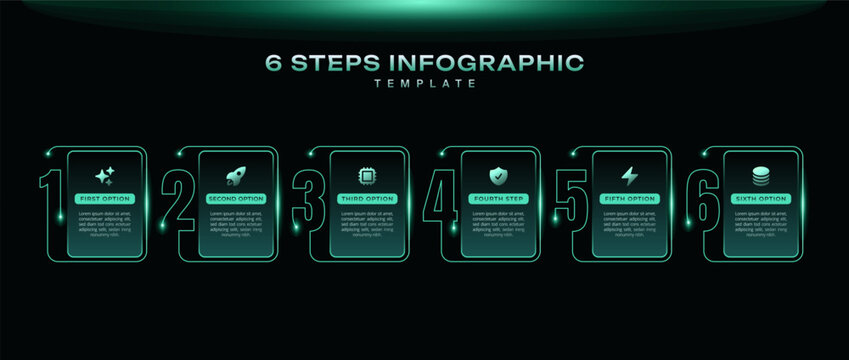 Timeline black infographic template with 6 step journey and numbered layout. Modern business presentation graph with icons, clean vector design for workflow, data visualization, process illustration.