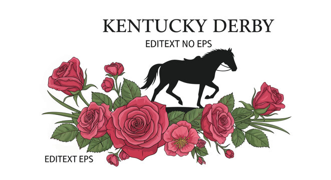 Kentucky Derby horse racing vector illustration, black thoroughbred stallion silhouette with red roses, elegant equestrian floral emblem for sports events
