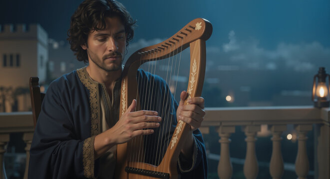 Young man as King David playing a wooden lyre on a balcony at night. The Shepherd King composing Psalms. Biblical historical scene in ancient Jerusalem. Religious worship and music concept