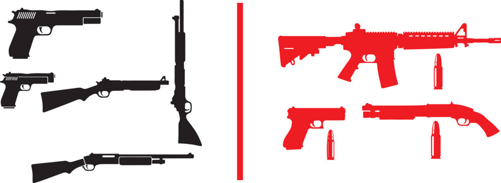 Firearm silhouettes collection including pistols rifles and shotguns vector illustration isolated on white background