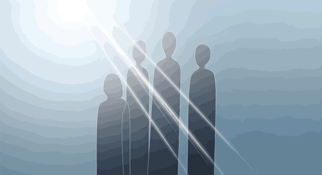 Abstract human figures bathed in ethereal light, symbolizing collective hope, spiritual guidance, and the path to enlightenment amidst a mysterious, misty landscape
