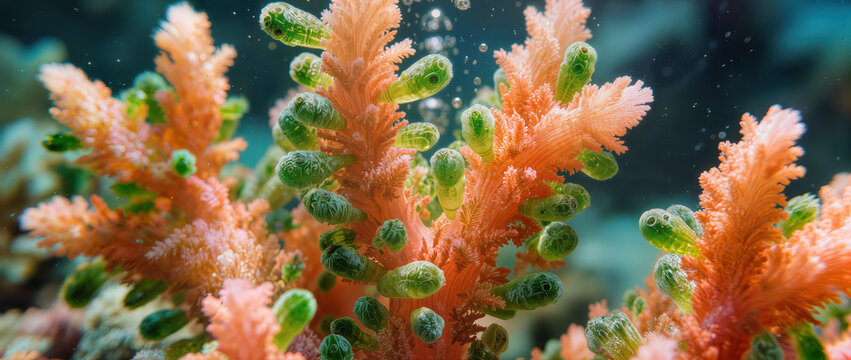 Closeup of reef tank coral with zooxanthellae in underwater environment. Reef tank showcases vibrant coral species with symbiotic algae providing essential nutrients.