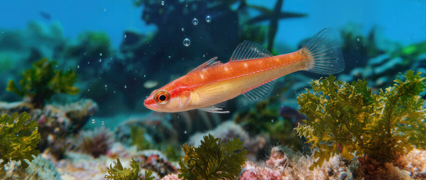 Vibrant firefish swimming gracefully in clear saltwater tank among lush coral and seaweed. Firefish displays bright orange and red colors, showcasing its beauty in underwater environment.
