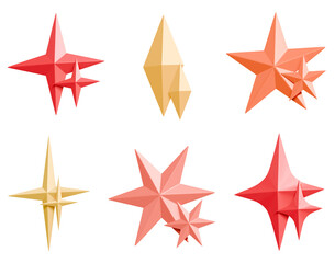 Obraz premium Set of glossy 3D star icons in red, gold and coral colors. Collection of decorative geometric star shapes