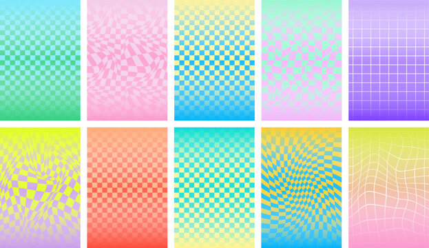Psychedelic checkerboard wavy background big set. Groovy Y2k bright colorful gradient border checkered pattern clip art. 