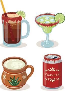 conjunto de bebidas alcoh&oacute;licas. Michelada, cerveza, margarita y pulque