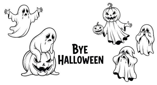 Crying ghosts and jack o lanterns with a halloween farewell message