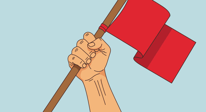 Hand holding red flag, protest, revolution, announcement, warning