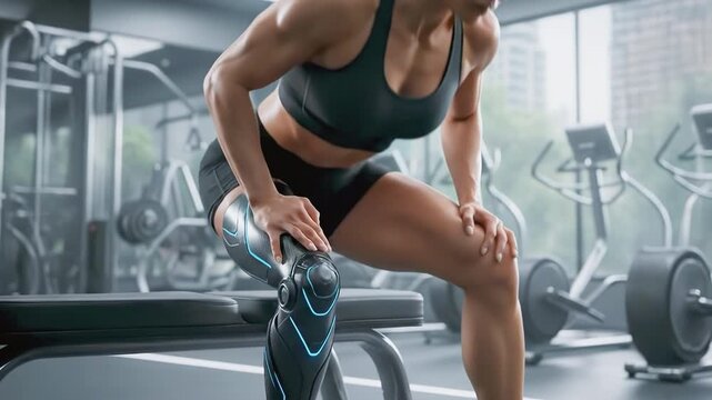 Muscular woman adjusting high-tech bionic prosthetic leg while sitting on bench in modern gym environment