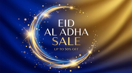 Fototapeta premium Elegant eid al adha sale banner with glowing golden crescent moon and sparkling light trails on a luxurious deep blue and gold wavy silk fabric background for festive seasonal promotional marketing