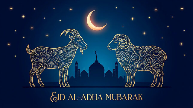 Elegant eid al adha mubarak greeting card design featuring ornate gold line art goats and rams standing before a dark blue silhouette mosque under a glowing crescent moon and sparkling night stars