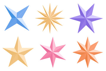 Obraz premium Set of glossy 3D star icons in blue, gold, purple, pink and orange colors. Collection of clean geometric star shapes