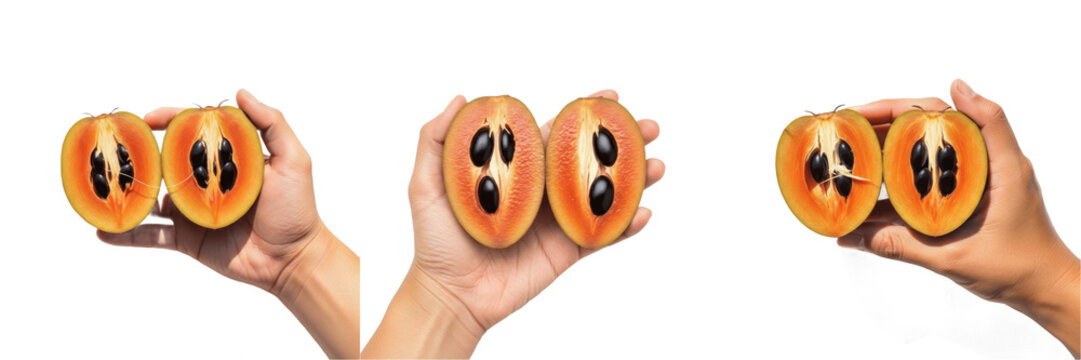 Hand holding sapodilla halves - Manilkara zapota (Zapote / Sapotillier) - Fresh Organic Tropical Fruit - Healthy Vegan Snack - Natural Sweetness - High Quality Stock Photo Image - Premium Fruit Photog