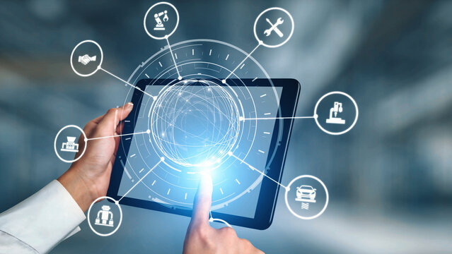 Mechanized industry automation and modern production system with robotic arms, gears, tools and logistics for efficient mechanized industry process. Gist