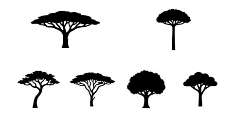 Set of silhouettes of african acacia trees with flat tops © Suriya