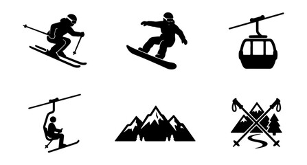 Set of winter sports icons including skiing, snowboarding, ski lift, gondola, and mountain landscape © Suriya