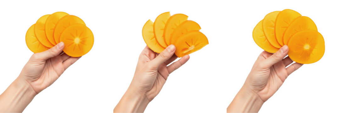 Hand holding sliced persimmon - Diospyros kaki (Caqui / Kaki) - Fresh Organic Tropical Fruit - Healthy Vegan Snack - Natural Sweetness - High Quality Stock Photo Image - Premium Fruit Photography - Ha