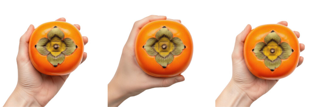 Hand holding ripe persimmon close-up - Diospyros kaki (Caqui / Kaki) - Fresh Organic Tropical Fruit - Healthy Vegan Snack - Natural Sweetness - High Quality Stock Photo Image - Premium Fruit Photograp