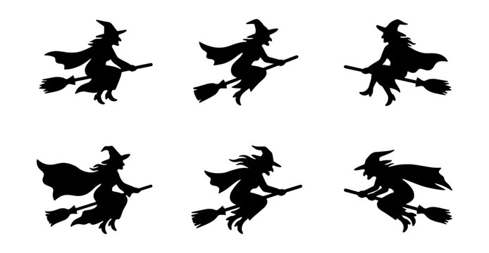 Set of silhouettes of witches flying on broomsticks for halloween design