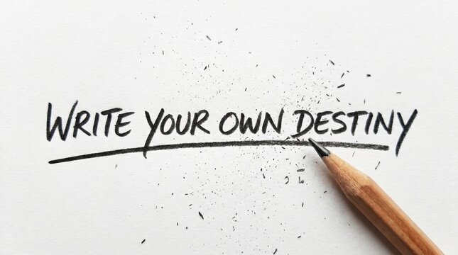 Flat-lay of a single sharp pencil writing "CREATE YOUR OWN DEST"