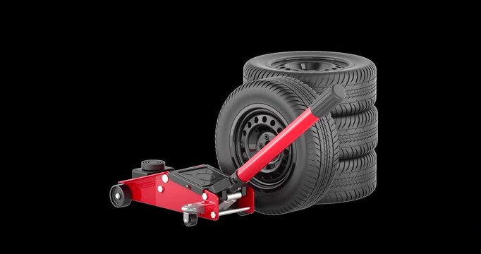 Car wheels with hydraulic floor jack, rotation animation seamlessly loopable. 3D rendering isolated on transparent background