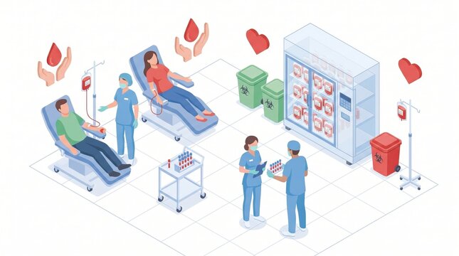 Isometric Vector Illustration of Blood Donation in Healthcare