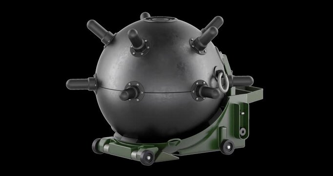 Naval sea mine on transport trolley, rotation animation seamlessly loopable. 3D rendering isolated on transparent background